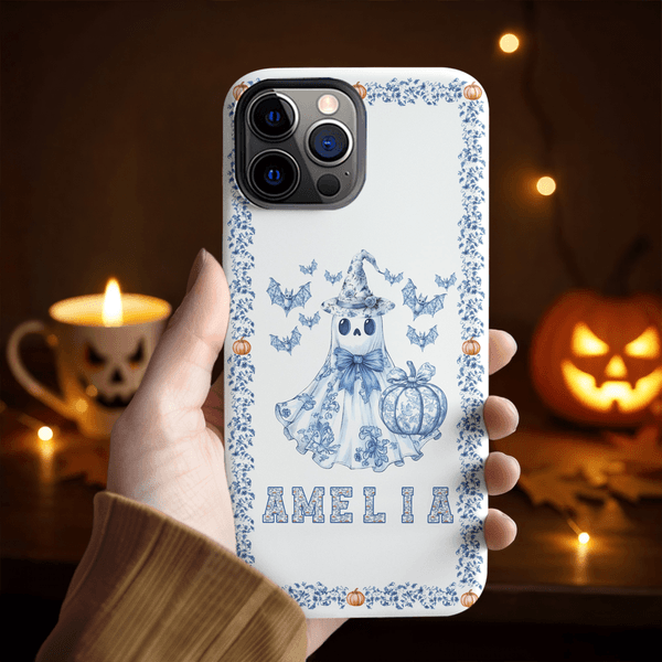 Personalized Toile De Jouy Spooky Ghost Pumpkin Name Double Layer Phone Case for iPhone Halloween Gift for Girl Boy