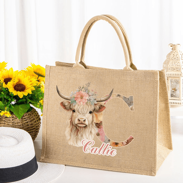 Personalized Cute Highland Cow Large Portable Jute Tote Bag with Name and Flower Initial Birthday Gift for Girls Friends