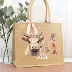 Personalisierte niedliche Hochland Kuh große tragbare Jute Tragetasche mit Namen und Blumen Initiale Geburtstag Geschenk für Mädchen Freunde