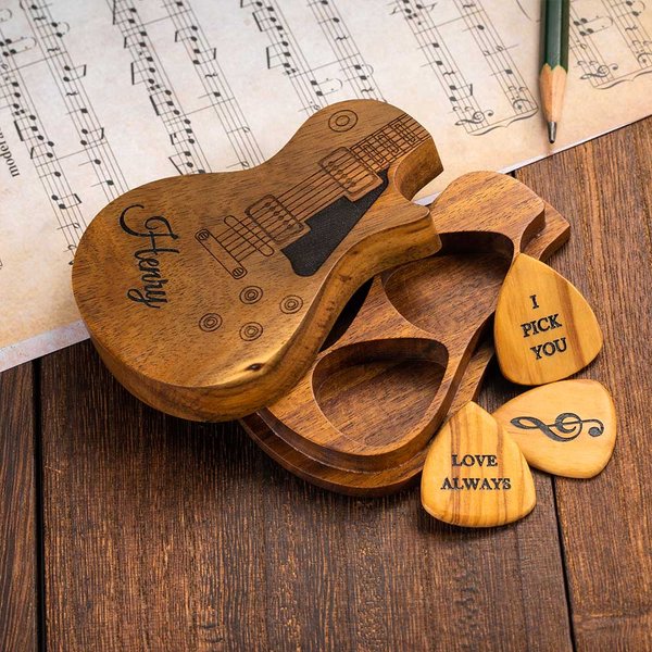 Gepersonaliseerde houten gitaar plectra met opbergdoos gegraveerde houder doos voor plectrum set cadeau voor gitarist muzikant verjaardag cadeau idee