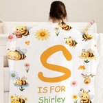 Personlig söt bi blomma mjuk pläd filt med namn och initialer barnkammare dekor baby shower födelsedagspresent för nyfödd baby