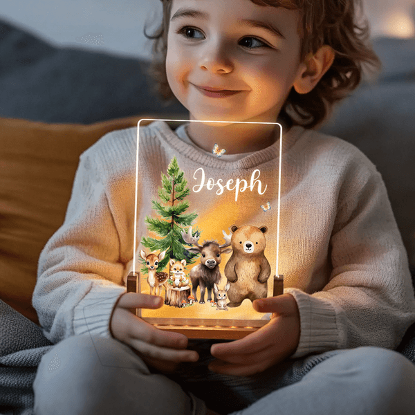 Personalisierte niedlichen Hirsch Fuchs Wald Tiere Acryl LED-Nachtlicht mit hölzernen Basis und Namen Geburtstag Jahrestag Geschenk für Familie Kinder
