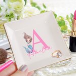 Personalized Cartoon Fantasy Mermaid Princess Initial Ceramic Trinket Jewelry Dish with Name Birthday Party Gift for Daughters Besties Girls