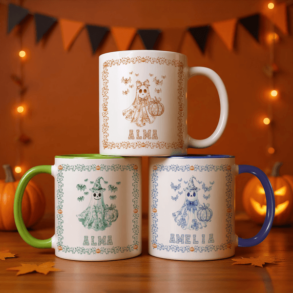 Personlig Toile De Jouy Ghost Pumpkin 11 oz keramisk mugg med namn Trick or Treat Halloween Party Present för barn