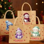 Personalized Snowflake Cute Cartoon Snowman Large Jute Tote Bag with Name Christmas Party Gift for Kids Family