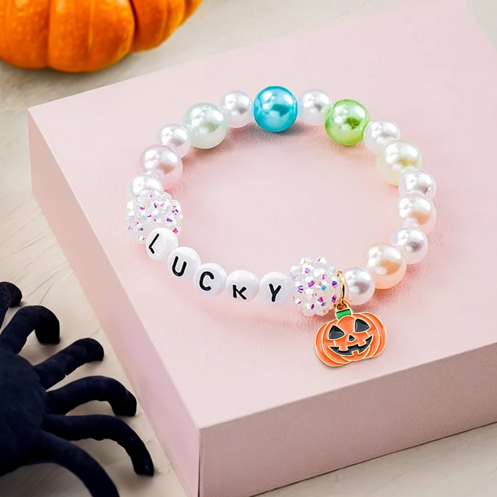 Bracelet perlé personnalisé citrouille colorée avec nom Anniversaire Helloween Cadeau pour fille femme
