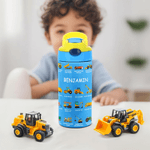 Personalised Construction Lorry Name 12 oz Insulated Water Bottle with Straw and Spill-Proof Lid Birthday Christmas Gift for Kids