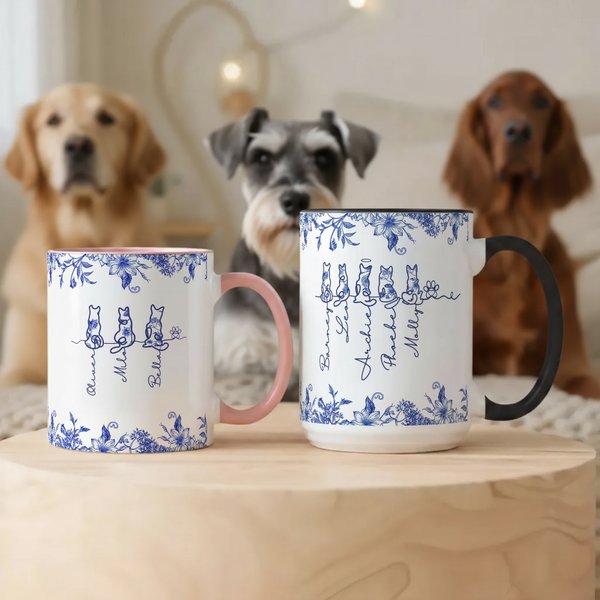 Personalized Toile De Jouy Line Style Dog Ceramic Coffee Mug with 1-7 Names Daily Use Memorial Gift for Pet Owners