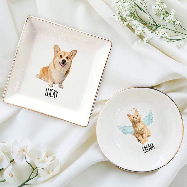 Gepersonaliseerde aquarel schilderen stijl huisdier foto naam Gold Rimmed keramische sieraden schotel Home Decor verjaardag Memorial Gift voor dierenliefhebbers