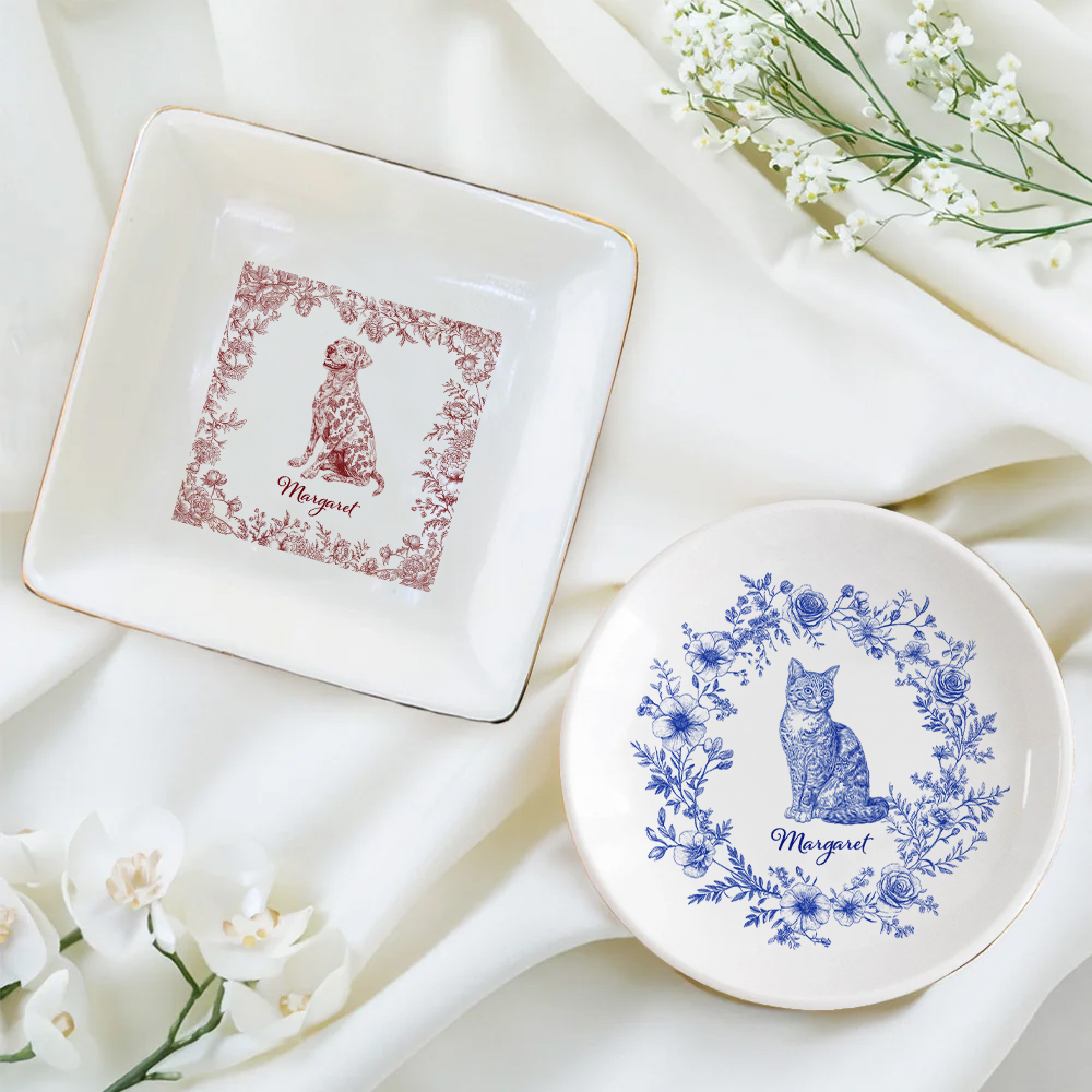 Vide-Poche Personnalisé avec Motif Chien Chat et Nom Style Toile de Jouy Cadeau Anniversaire Souvenir Hommage pour Femme Amoureuse des Animaux