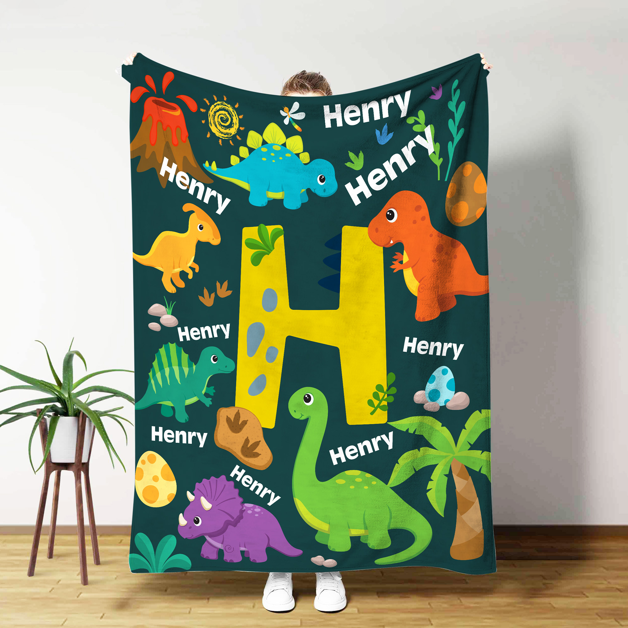 Couverture personnalisée en forme de dinosaure avec nom et initiales Décoration de chambre Cadeau d'anniversaire pour garçons filles