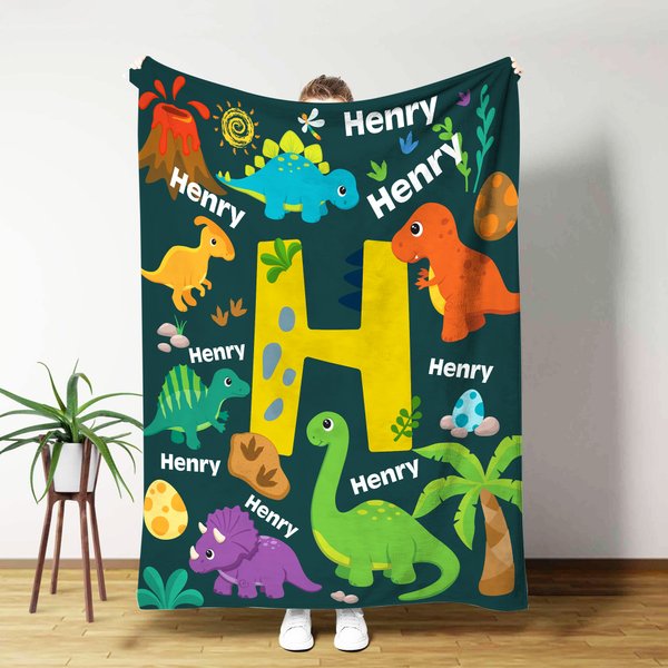 Personalized Cute Dinosaur Soft Throw Blanket with Name and Initial Room Decor Birthday Gift for Boys Girls
