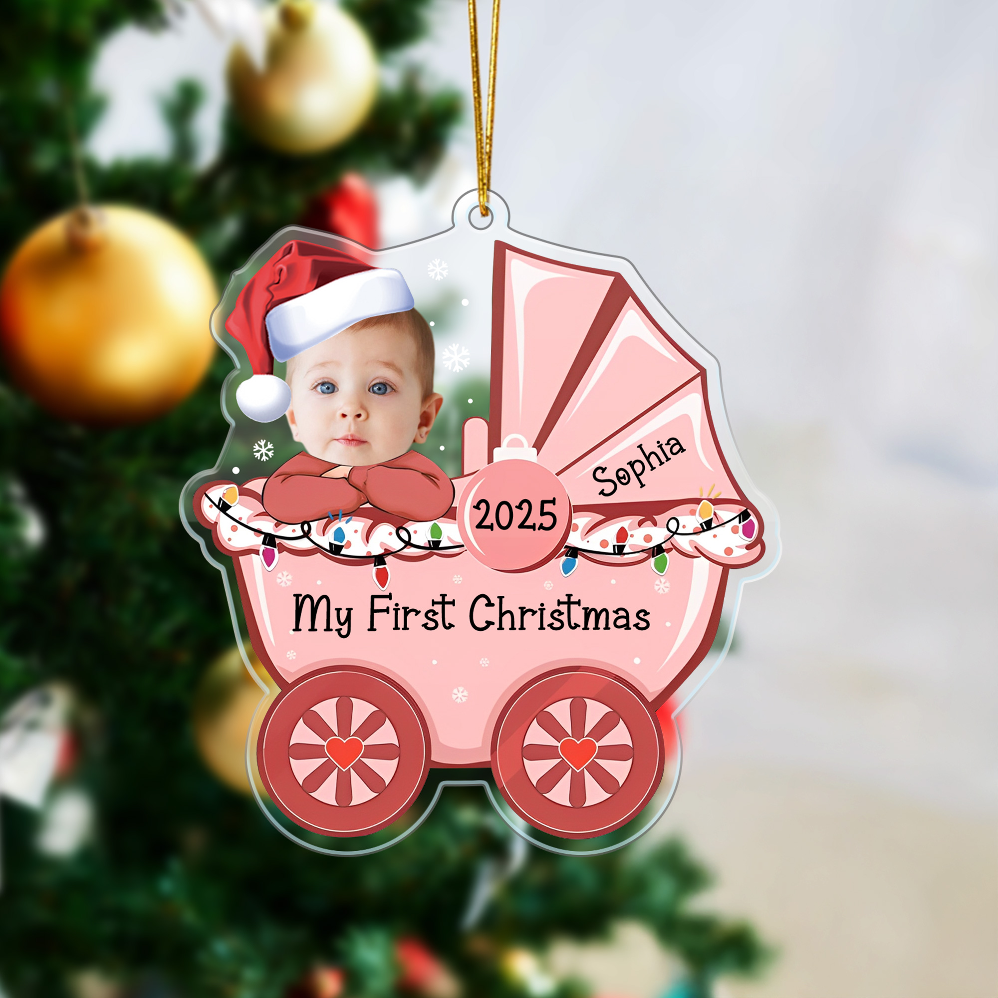 Ornement personnalisé en acrylique avec photo du visage de bébé en poussette avec nom et année Décoration de maison Cadeau de Noël pour les bébés