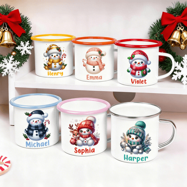 Personalized Cartoon Santa Hat Snowman 12 oz Multicolor Enamel Mug with Name Christmas Gift for Kids