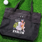 Personalised Cartoon Golf Woman Tote Bag with Name and Mesh Pockets Travel Essentials Birthday Gift for Women Golf Lovers