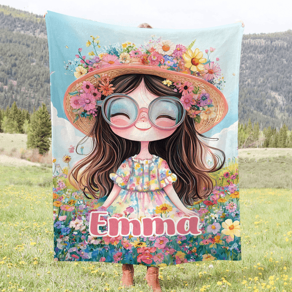 Personalized Cartoon Quirky Flower Girl Soft Throw Blanket with Name Home Decor Daily Use Birthday Gift for Girls