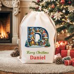 Personalised Christmas Tree Snowman Elf Igloo Drawstring Canvas Gift Bag with Name Initial Christmas Party Favors Gift for Kids Family