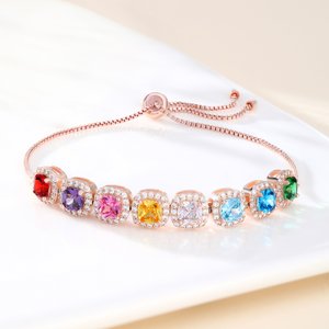 Personalised 1-12 Sugar Cube Shaped Birthstones Adjustable Bracelet with Zircon Anniversary Birthday Christmas Gift for Women Mom Grandma