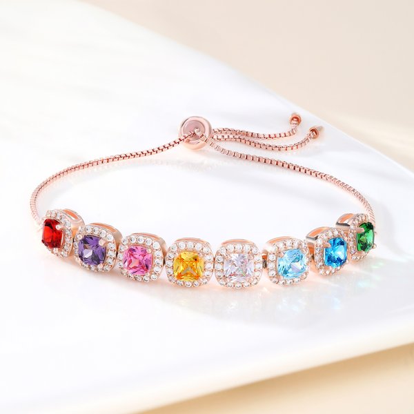 Personalized 1-12 Sugar Cube Shaped Birthstones Adjustable Bracelet with Zircon Anniversary Birthday Christmas Gift for Women Mom Grandma