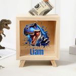 Salvadanaio in legno trasparente personalizzato con nome per i bambini che amano i dinosauri