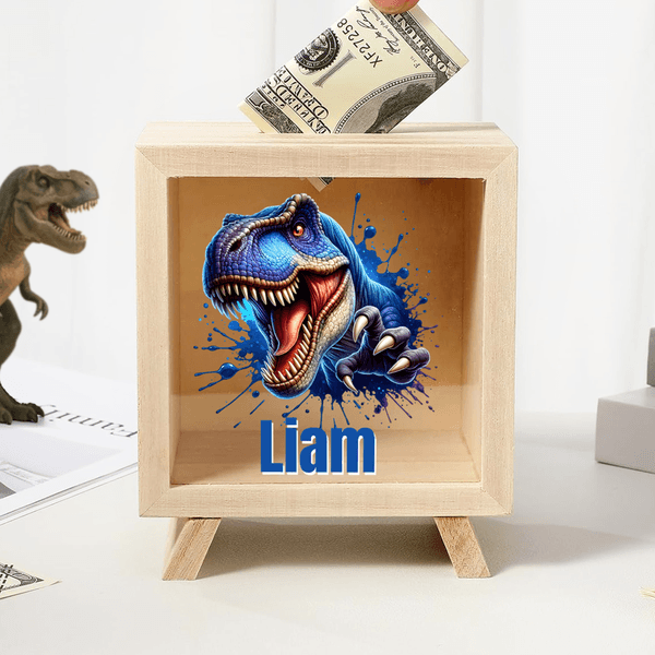 Salvadanaio in legno trasparente personalizzato con nome per i bambini che amano i dinosauri