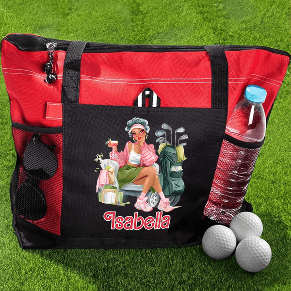 Personalised Cartoon Golf Woman Tote Bag with Name and Mesh Pockets Travel Essentials Birthday Gift for Women Golf Lovers