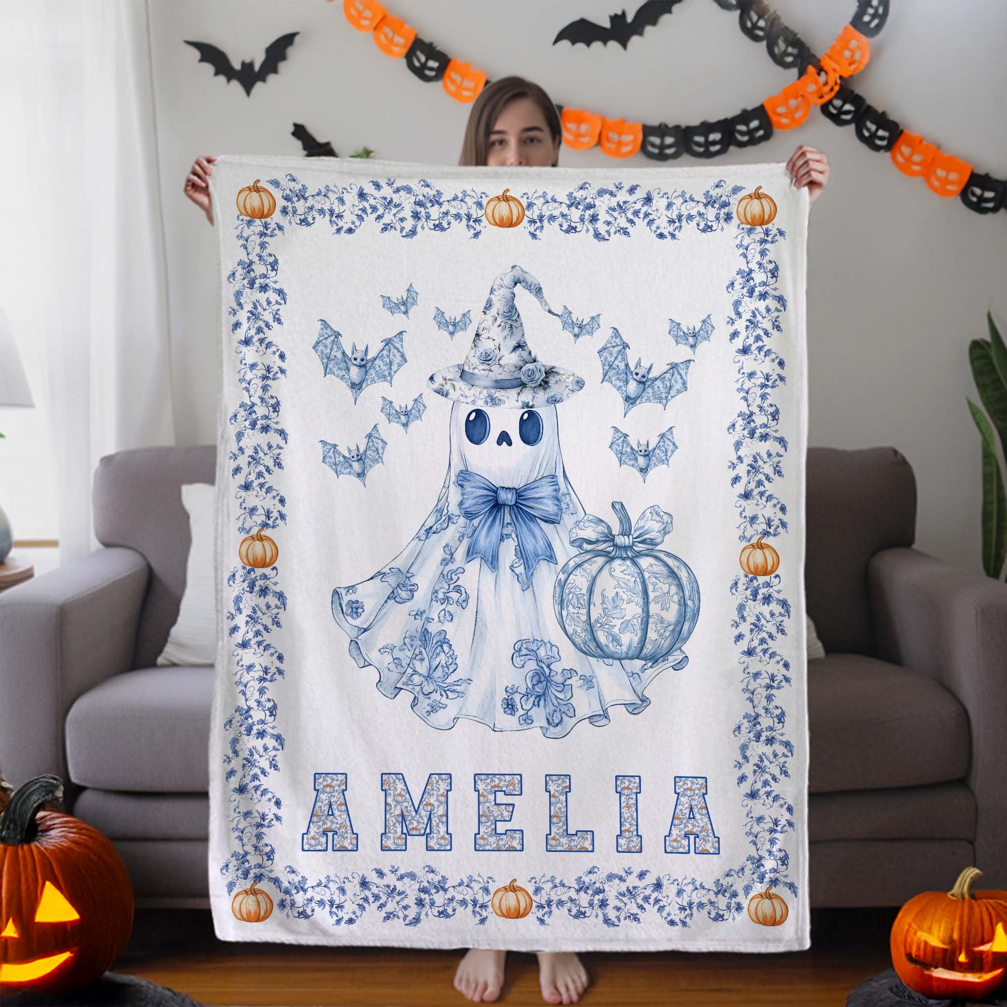Toile De Jouy Personnalisée Fantôme Citrouille Couverture Douce avec Nom Trick or Treat Halloween Party Gift for Kids