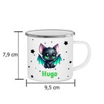 Taza personalizada de esmalte con nombre estrella y murciélago de dibujos animados de 355 ml con borde multicolor regalo de Halloween para niños