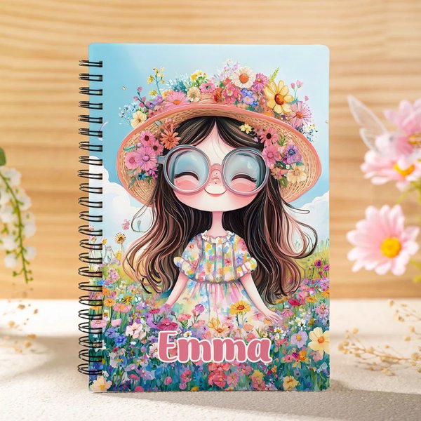 Personifierad Quirky Flower Girl Multicolor A5 Spiral Notebook med namn och 120 linjerade sidor Daglig användning Resa Födelsedagspresent för flickor