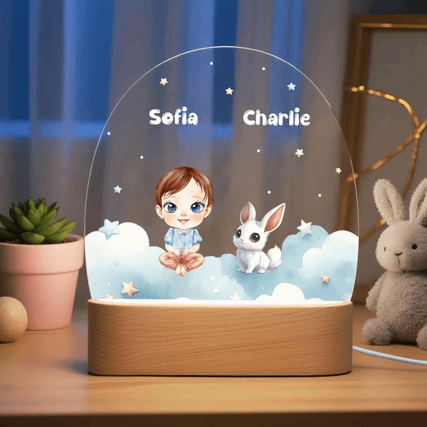 Personalisiertes Cartoon Figur Tier Ovales LED-Nachtlicht mit Namen Sternzeichen und Holzsockel Geburtstag Weihnachten Geschenk für Kinder