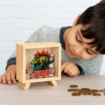 Salvadanaio in legno trasparente personalizzato con nome per i bambini che amano i dinosauri