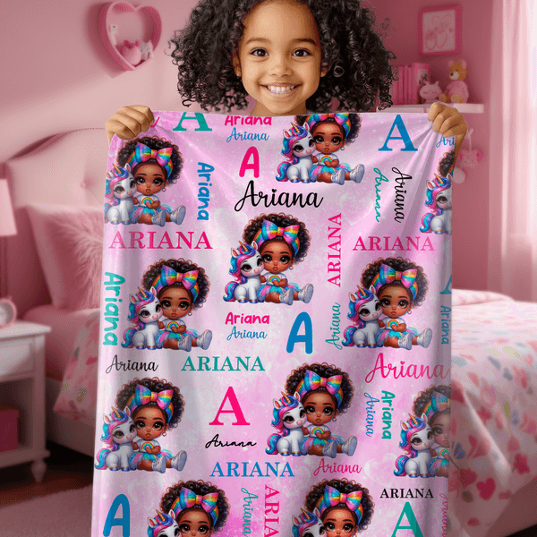 Personalized Cartoon Black Character Fantasy Unicorn Rainbow Soft Throw Blanket with Name Home Decor Birthday Christmas Gift for Boys Girls