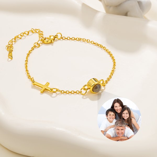 Personalised Photo Micro-Projection Dainty Christian Cross Bracelet Christening Gift for Grandmother Christian Woman