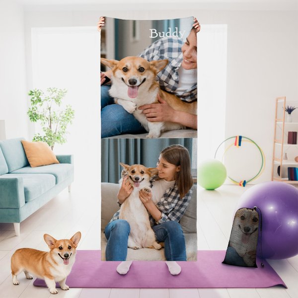 Personalized Pets Photo Yoga Towel with Name Birthday Gift for Fitness Yoga Lovers Women