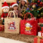 Personalized Snowflake Cute Cartoon Snowman Large Jute Tote Bag with Name Christmas Party Gift for Kids Family