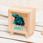 Salvadanaio in legno trasparente personalizzato con nome per i bambini che amano i dinosauri