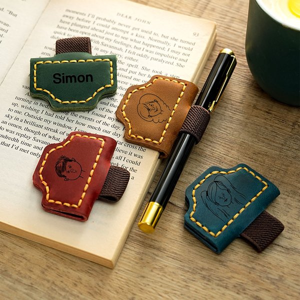 Personalized Comic Style Character Leather Bookmark Clip with Pen Holder and Name Daily Use Office Gift for Friends Bookworm