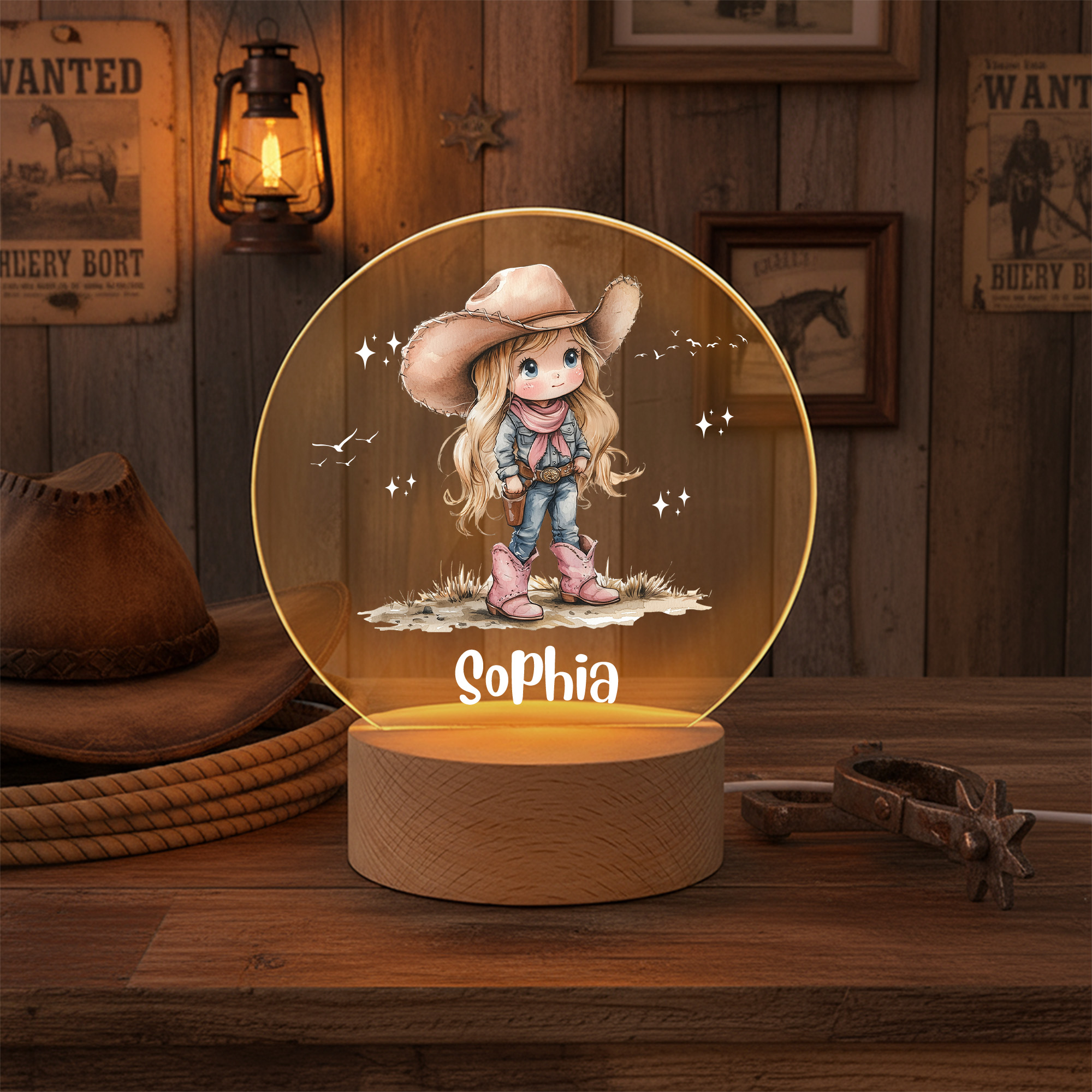 Veilleuse LED Cowgirl personnalisée avec nom et socle en bois Décoration de chambre d'enfant Anniversaire Noël Cadeau pour fille