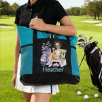 Personalised Cartoon Golf Woman Tote Bag with Name and Mesh Pockets Travel Essentials Birthday Gift for Women Golf Lovers