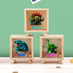 Salvadanaio in legno trasparente personalizzato con nome per i bambini che amano i dinosauri