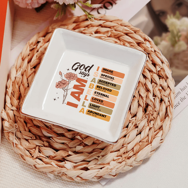 Personalizado Dios dice versículo de la Biblia Nacimiento Flor Baratija cuadrada de cerámica Joyería Plato con Nombre Bautizo Cumpleaños Navidad Regalo para Mujeres Cristianas