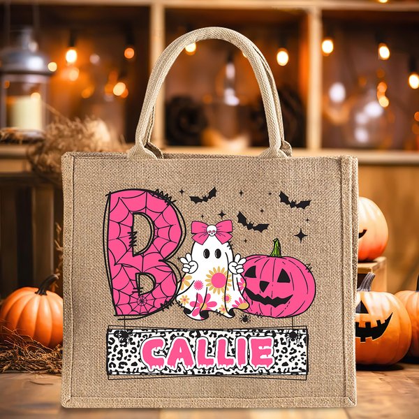 Personalizzato fantasma giocoso zucca pipistrello grande borsa di iuta con nome Halloween Trick or Treat regalo per bambino ragazzo ragazza