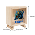 Salvadanaio in legno trasparente personalizzato con nome per i bambini che amano i dinosauri