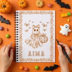 Personifierad Spooky Ghost Pumpkin Bat Toile De Jouy A5 Spiralanteckningsbok med namn och 60 linjerade sidor Daglig användning Halloween Present till kvinnor Barn