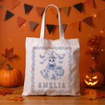 Personifierad Spooky Ghost Pumpkin Bat Toile De Jouy Canvas Halloween Tote Bag med namn Halloween Present till kvinnor Barn