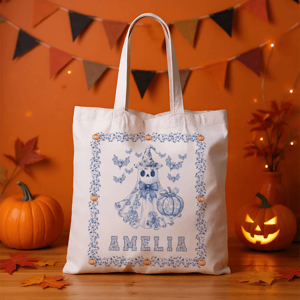 Personifierad Spooky Ghost Pumpkin Bat Toile De Jouy Canvas Halloween Tote Bag med namn Halloween Present till kvinnor Barn