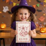 Personifierad Spooky Ghost Pumpkin Bat Toile De Jouy A5 Spiralanteckningsbok med namn och 60 linjerade sidor Daglig användning Halloween Present till kvinnor Barn