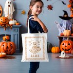 Personifierad Spooky Ghost Pumpkin Bat Toile De Jouy Canvas Halloween Tote Bag med namn Halloween Present till kvinnor Barn