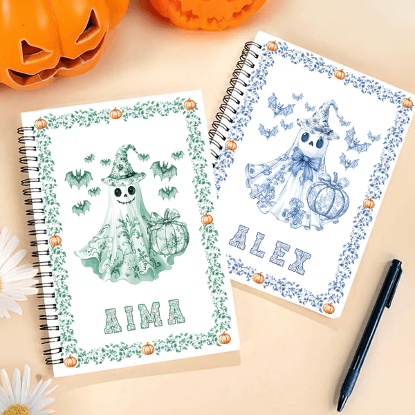 Personalized Spooky Ghost Pumpkin Bat Toile De Jouy A5 Spiral Notebook with Name and 60 Lined Pages Daily Use Halloween Gift for Women Kids