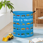 Personalized Construction Truck Laundry Basket – Waterproof Polyester Foldable Hamper with Custom Text, Two Sizes for Kids’ Room